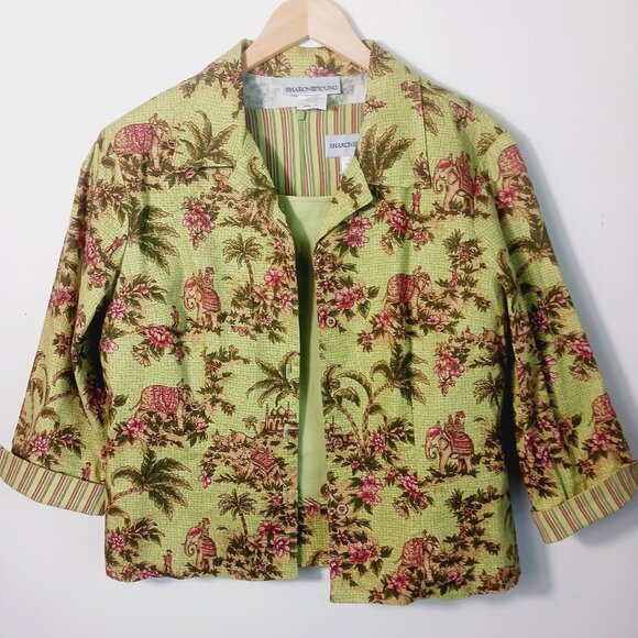 Sharon Young, SZ 12, 3 PC Suit, Skirt, Top & Jacket, Elephant & Palm Tree Print - Picture 7 of 16